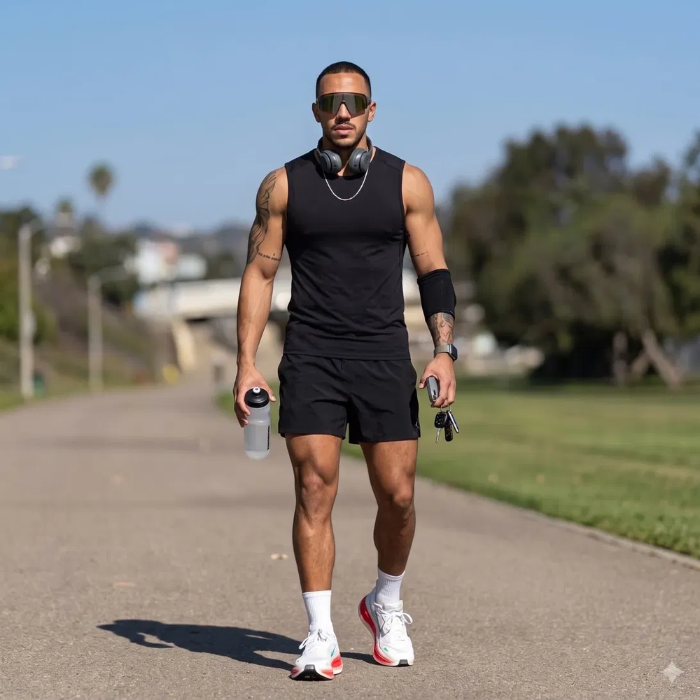 Runner holding phone, keys and bottle